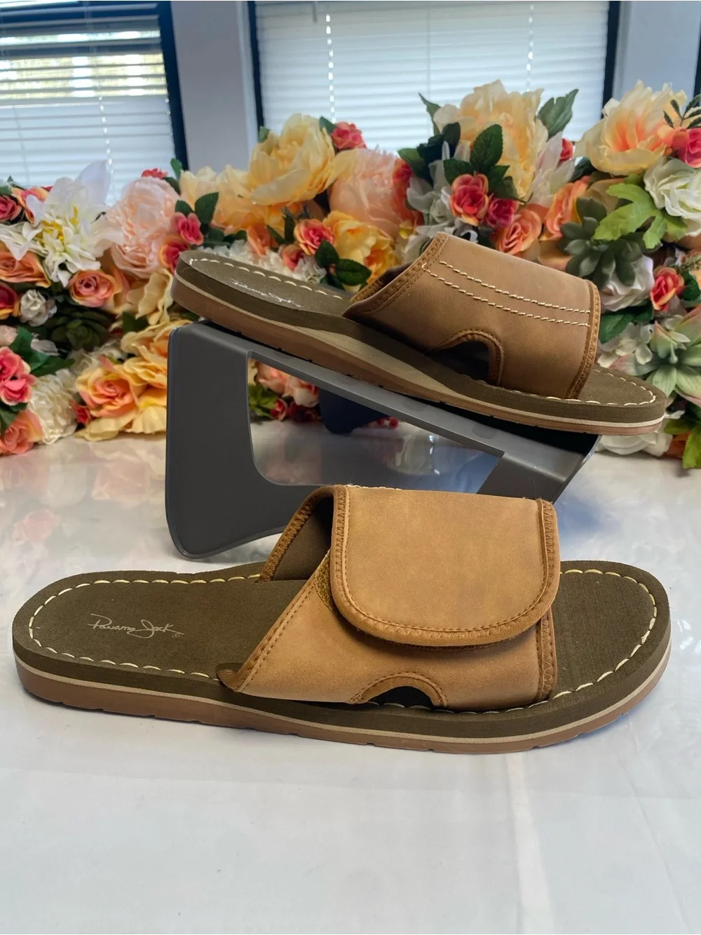 Panama Jack Adjustable Hook & Loop Slide Sandals Brown XL 12-13